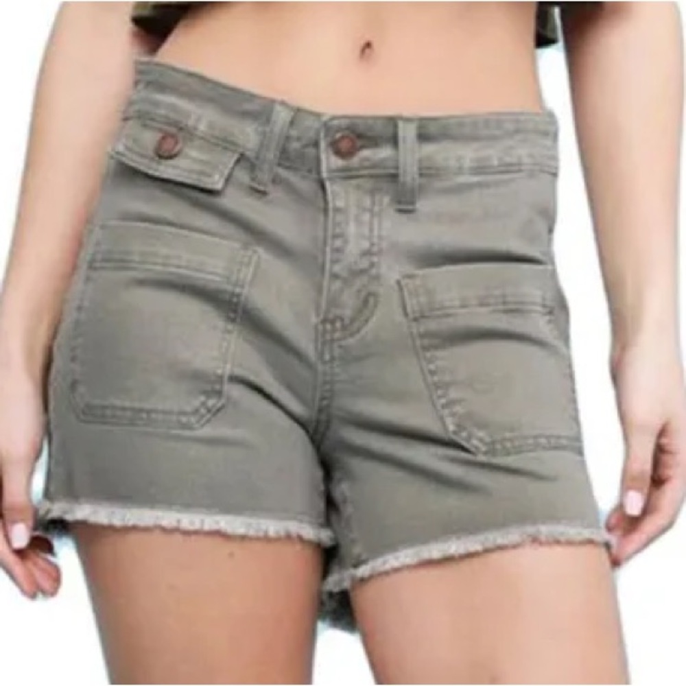 Judy Blue Mid Rise Olive Green Raw Hem Stretch Shorts Size Large